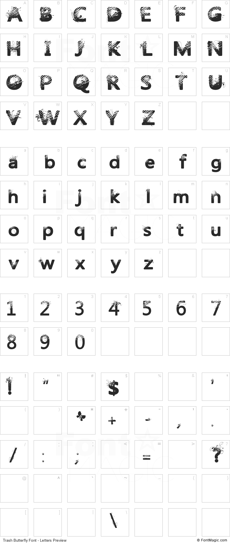 Trash Butterfly Font - All Latters Preview Chart