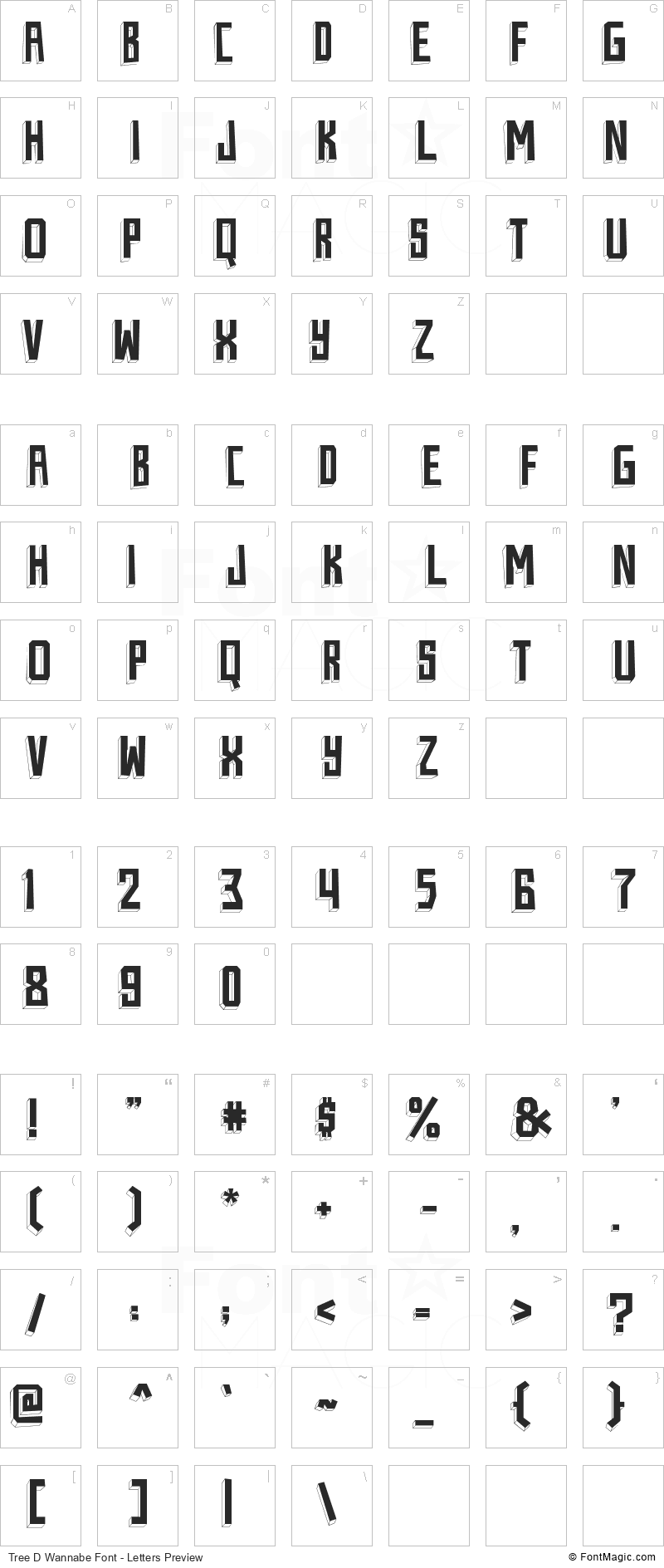 Tree D Wannabe Font - All Latters Preview Chart