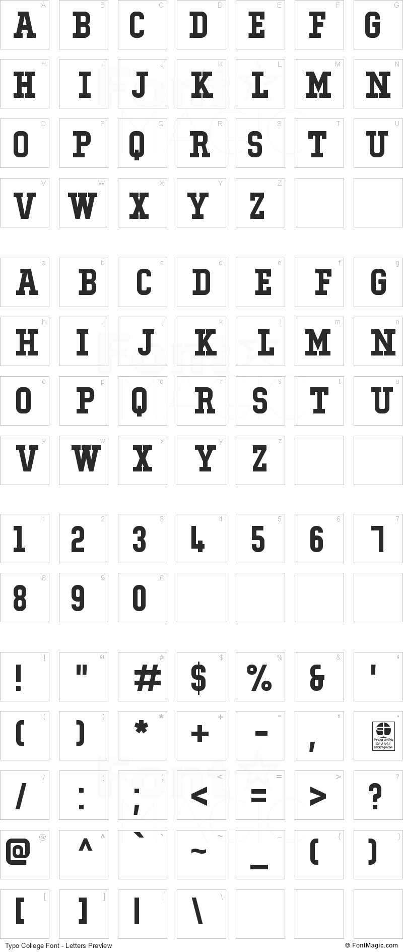 Typo College Font - All Latters Preview Chart