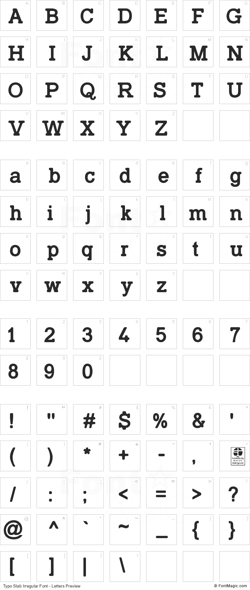 Typo Slab Irregular Font - All Latters Preview Chart