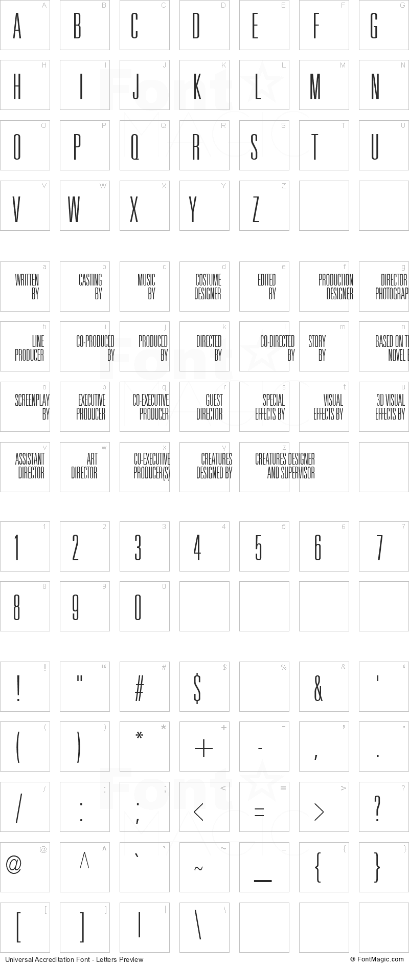 Universal Accreditation Font - All Latters Preview Chart