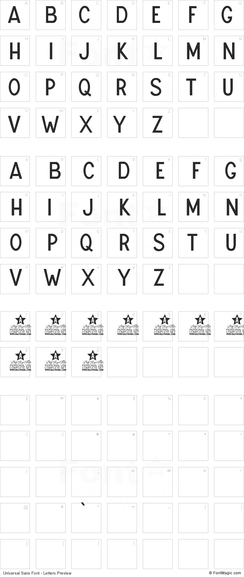 Universal Sans Font - All Latters Preview Chart