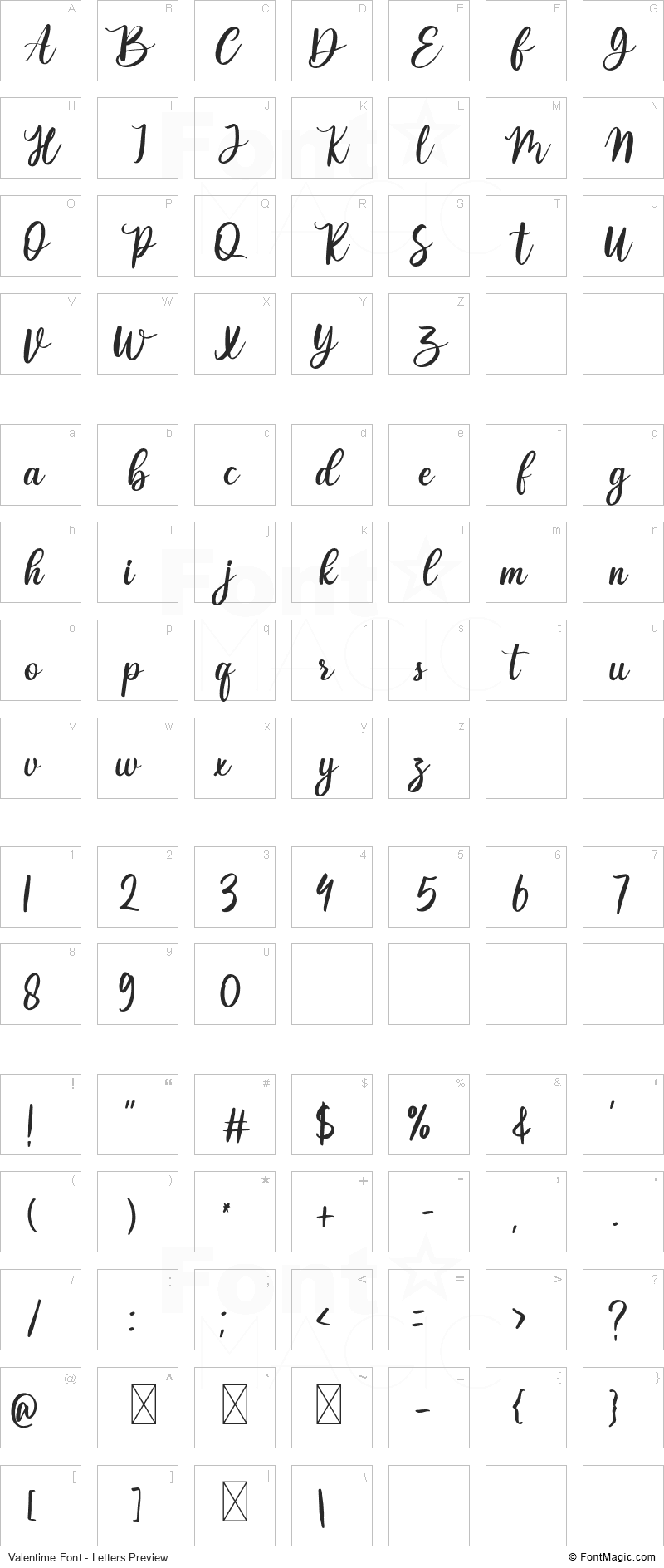 Valentime Font - All Latters Preview Chart