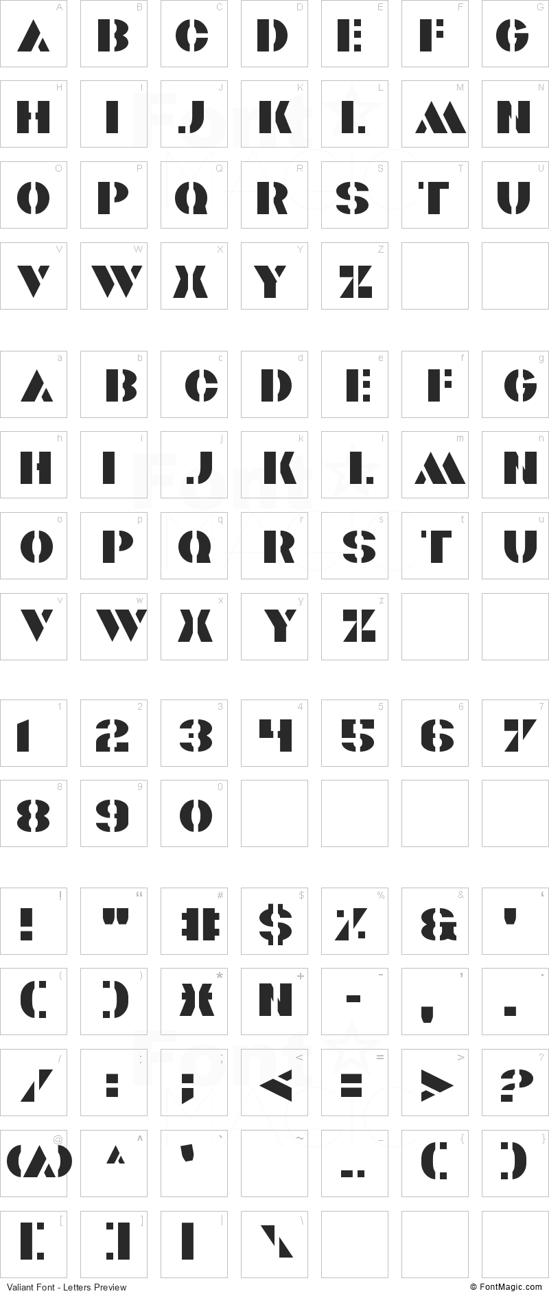 Valiant Font - All Latters Preview Chart