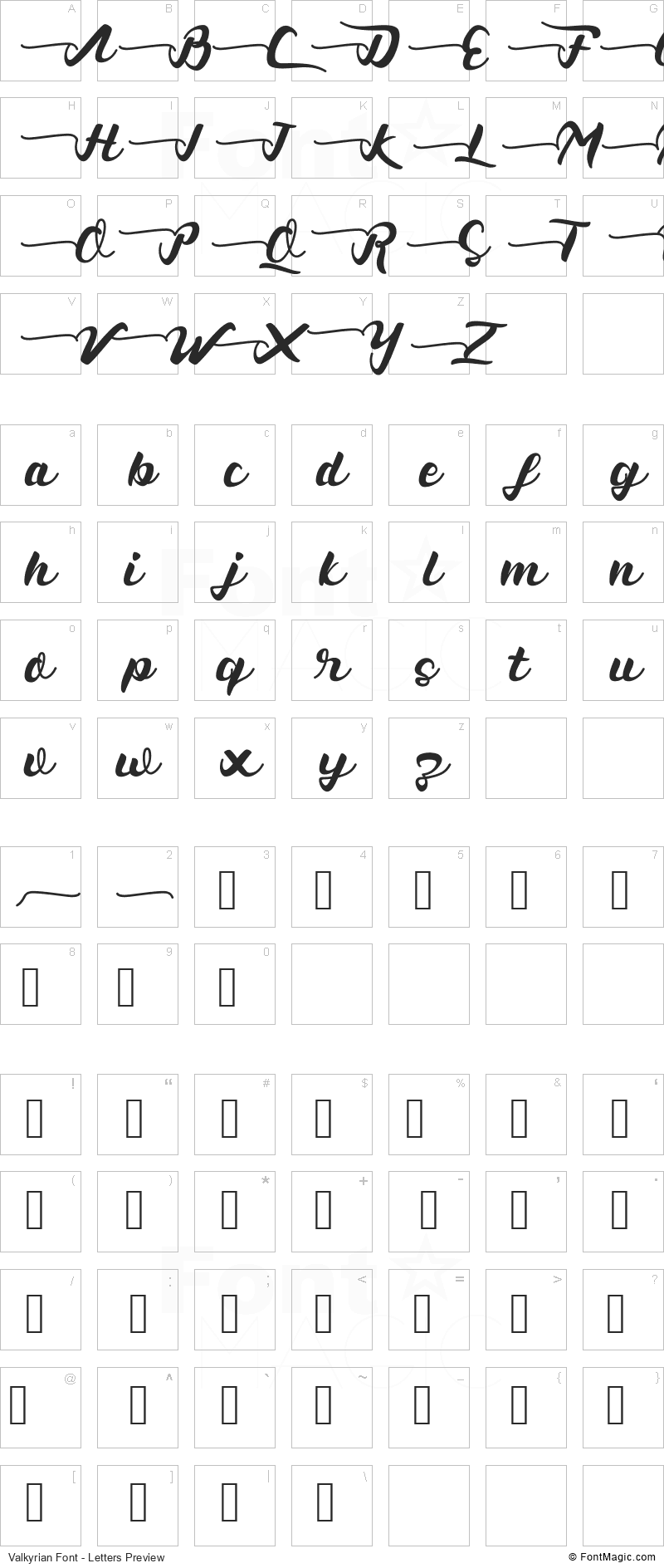 Valkyrian Font - All Latters Preview Chart
