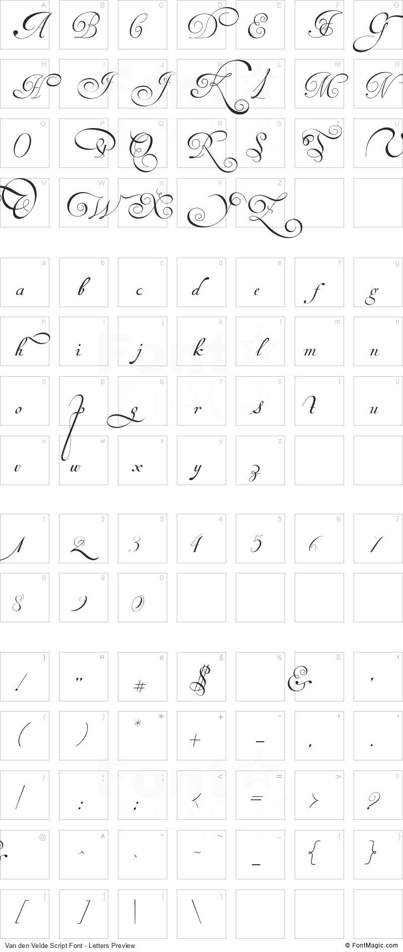 Van den Velde Script Font - All Latters Preview Chart