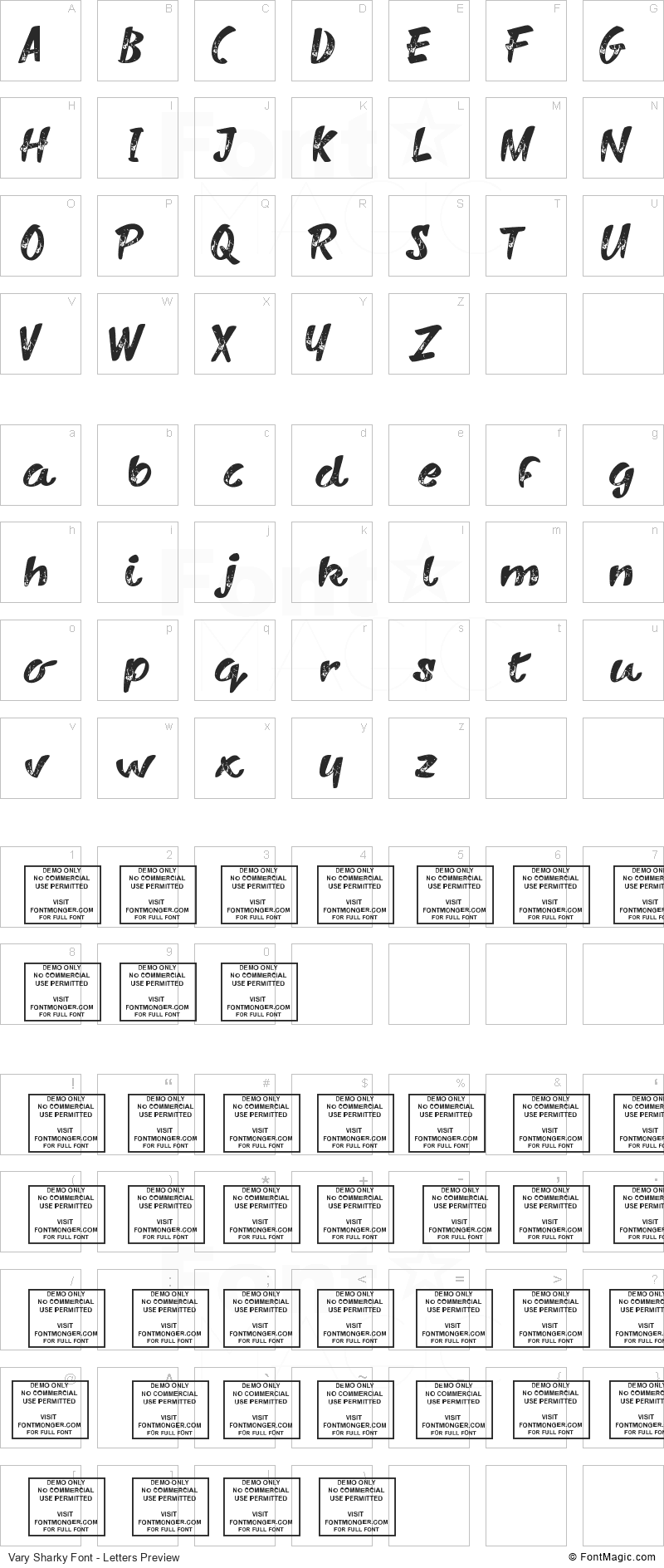 Vary Sharky Font - All Latters Preview Chart