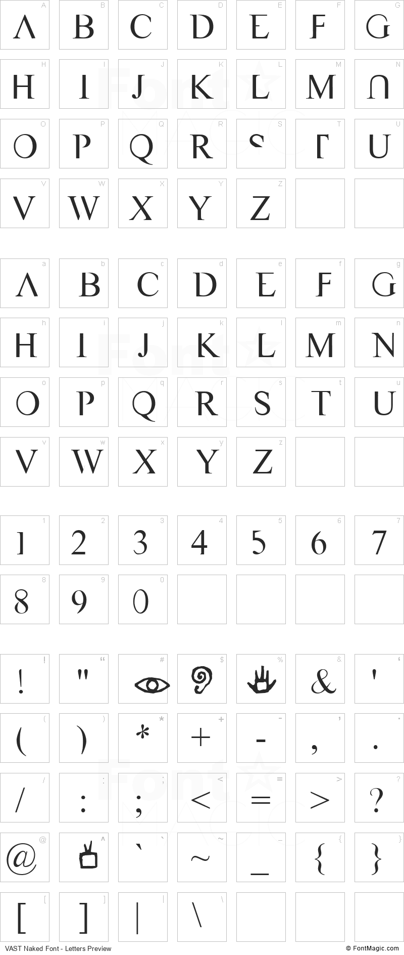 VAST Naked Font - All Latters Preview Chart