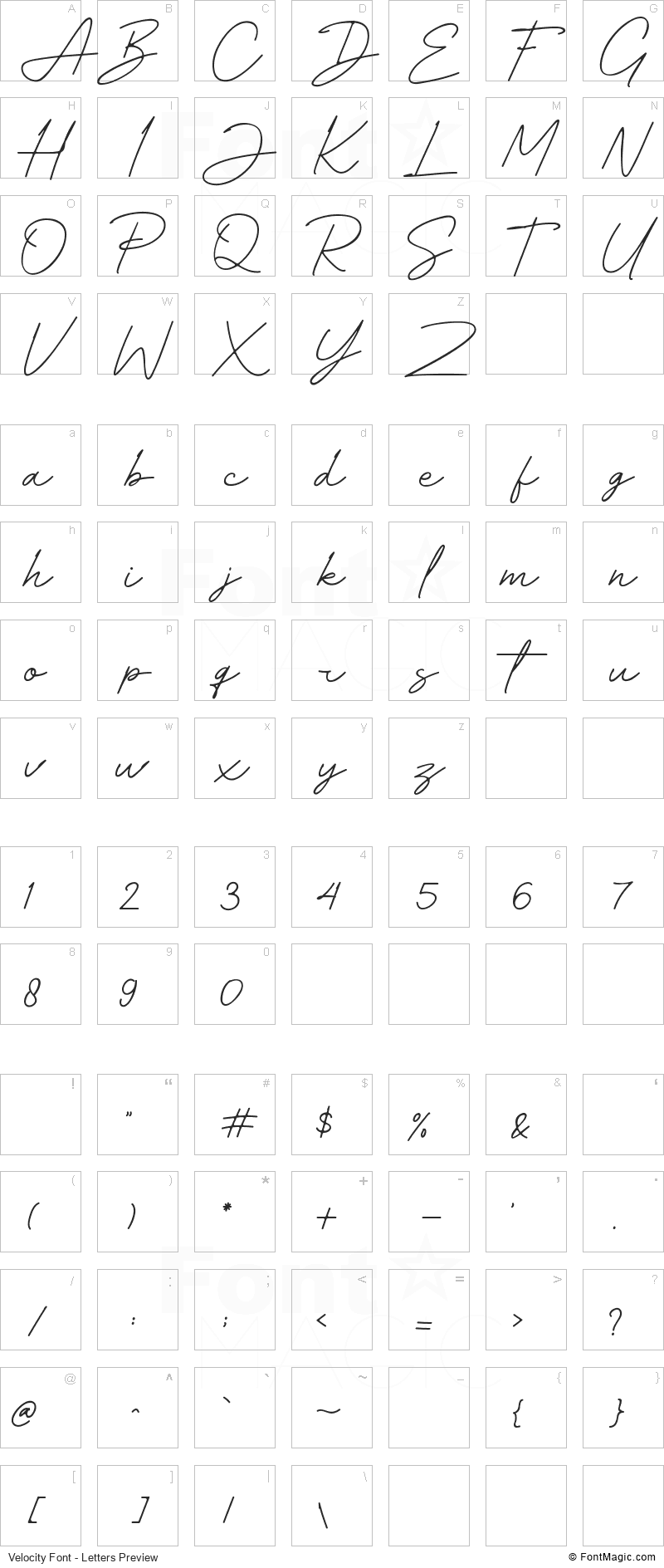 Velocity Font - All Latters Preview Chart