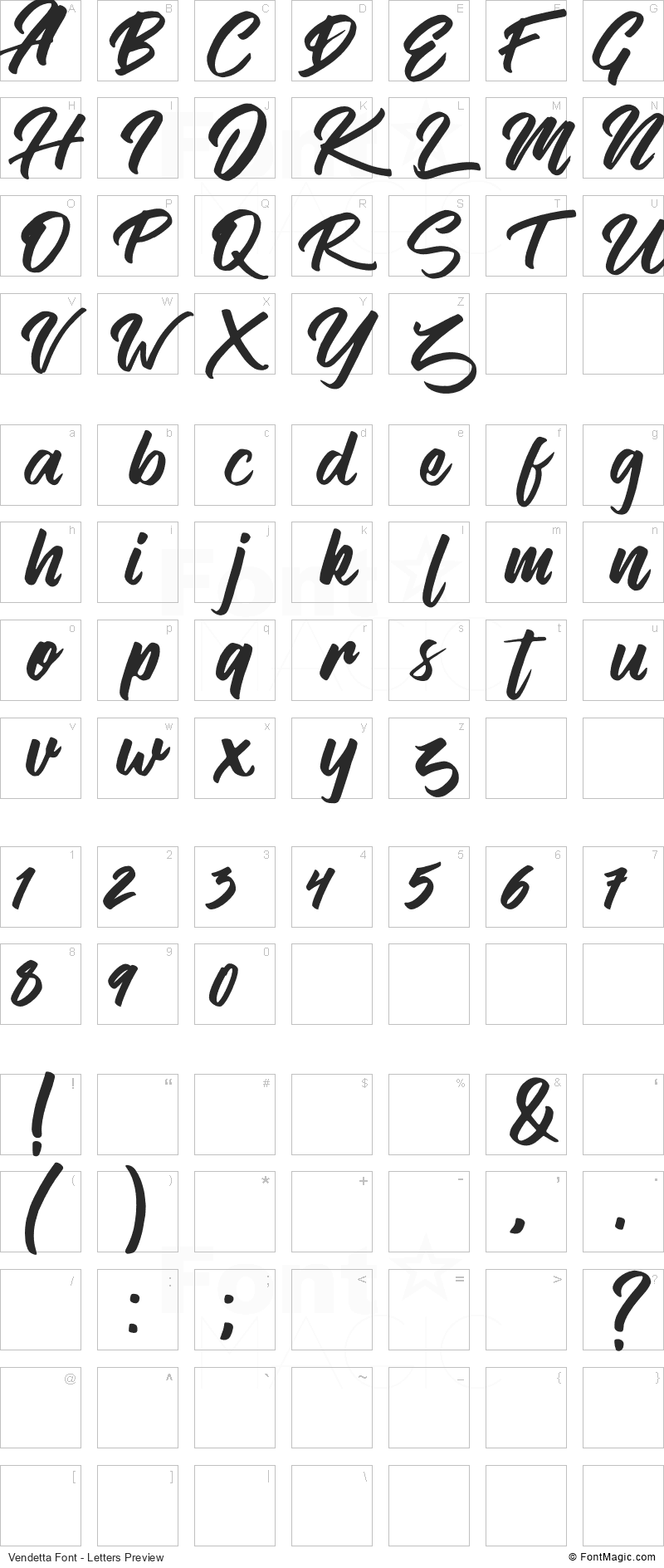 Vendetta Font - All Latters Preview Chart