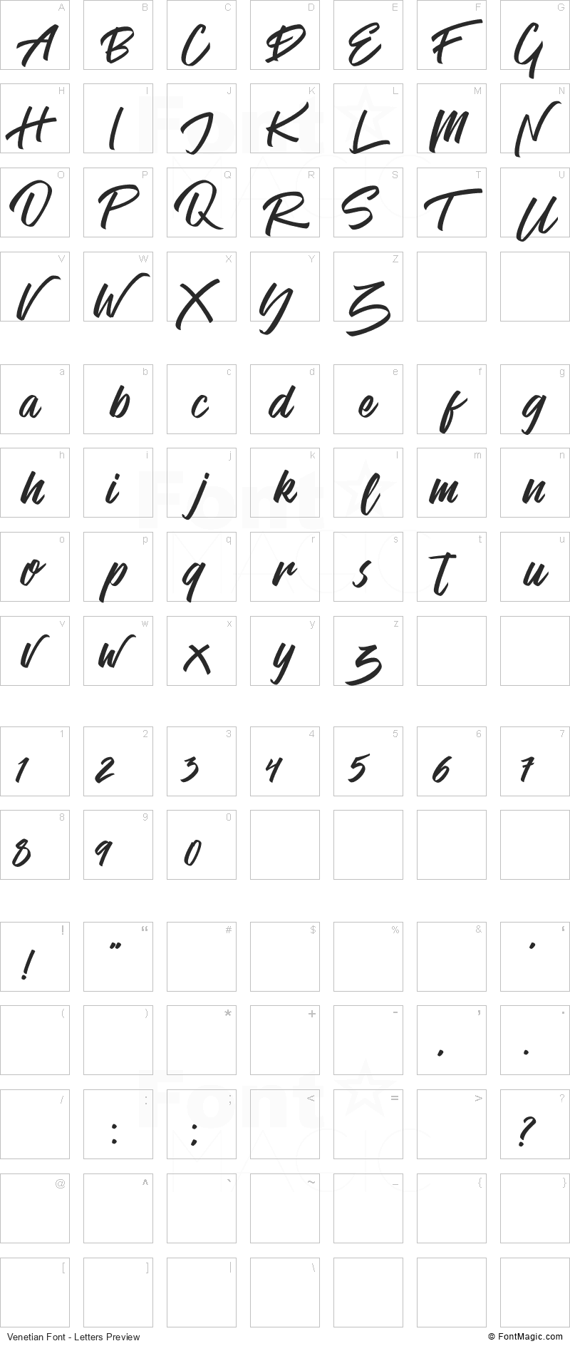 Venetian Font - All Latters Preview Chart