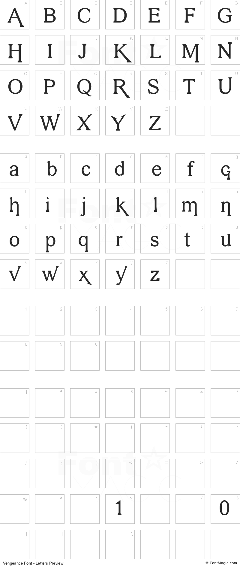 Vengeance Font - All Latters Preview Chart