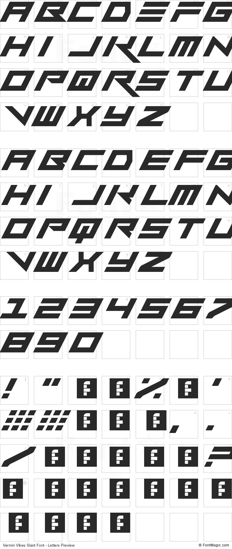 Vermin Vibes Slant Font - All Latters Preview Chart