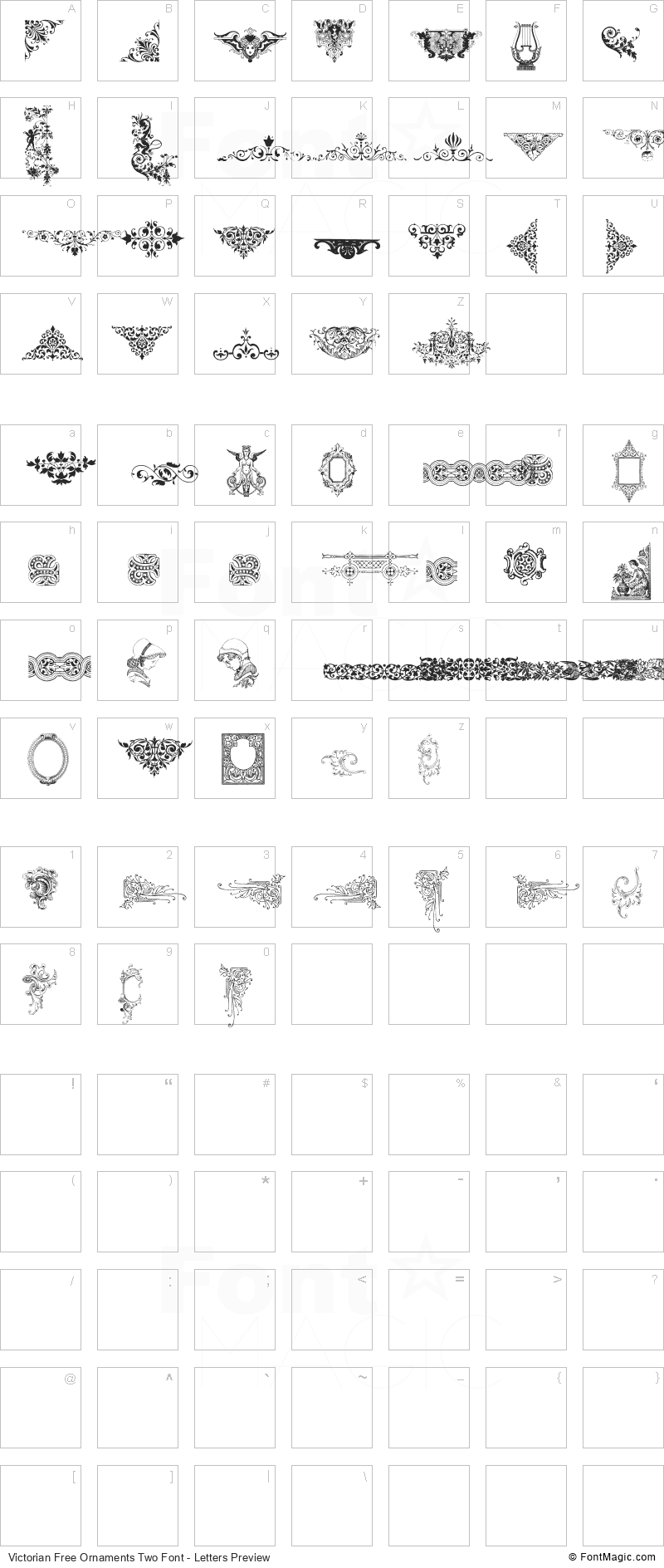 Victorian Free Ornaments Two Font - All Latters Preview Chart