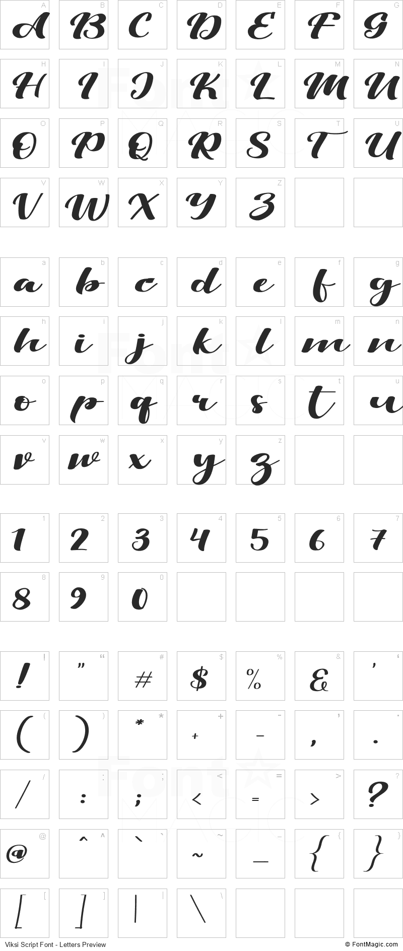 Viksi Script Font - All Latters Preview Chart