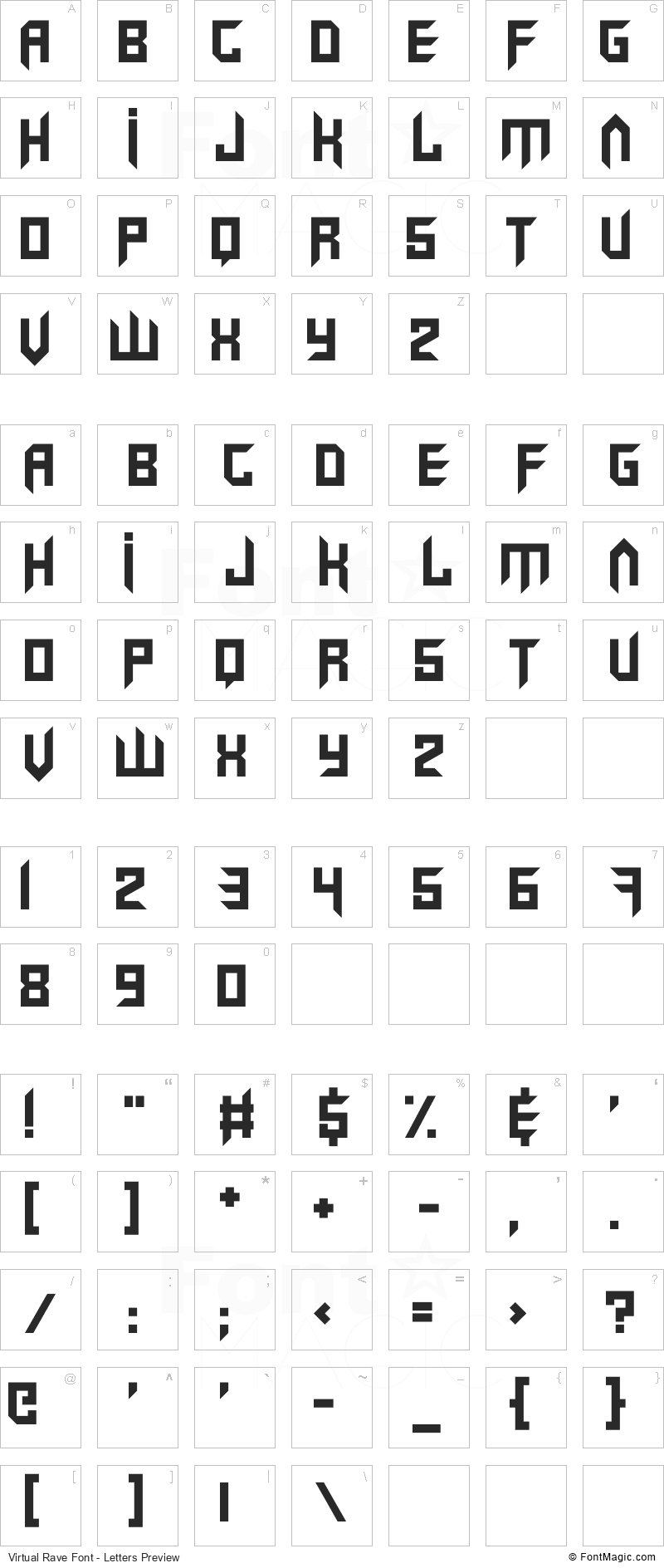 Virtual Rave Font - All Latters Preview Chart