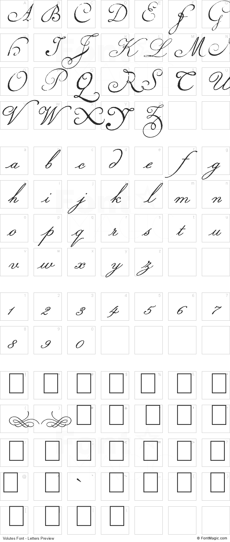 Volutes Font - All Latters Preview Chart
