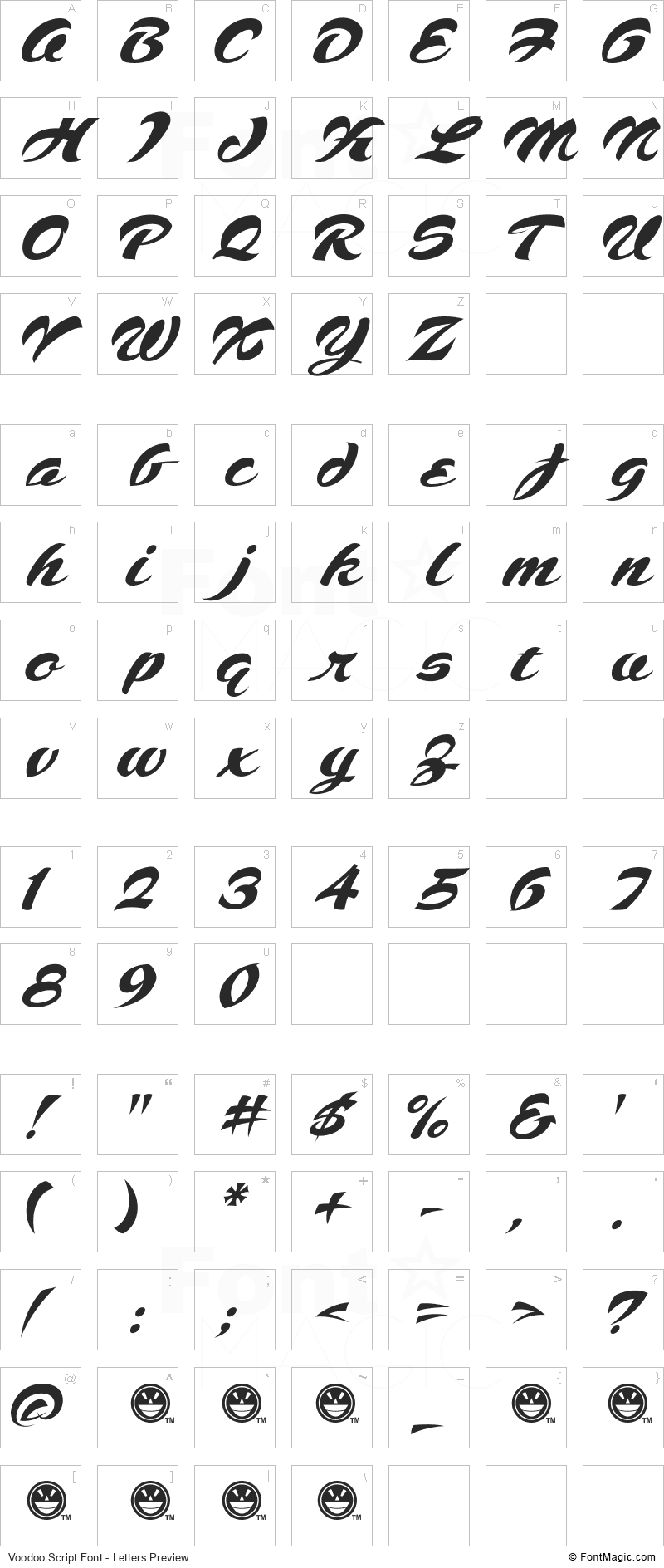 Voodoo Script Font - All Latters Preview Chart
