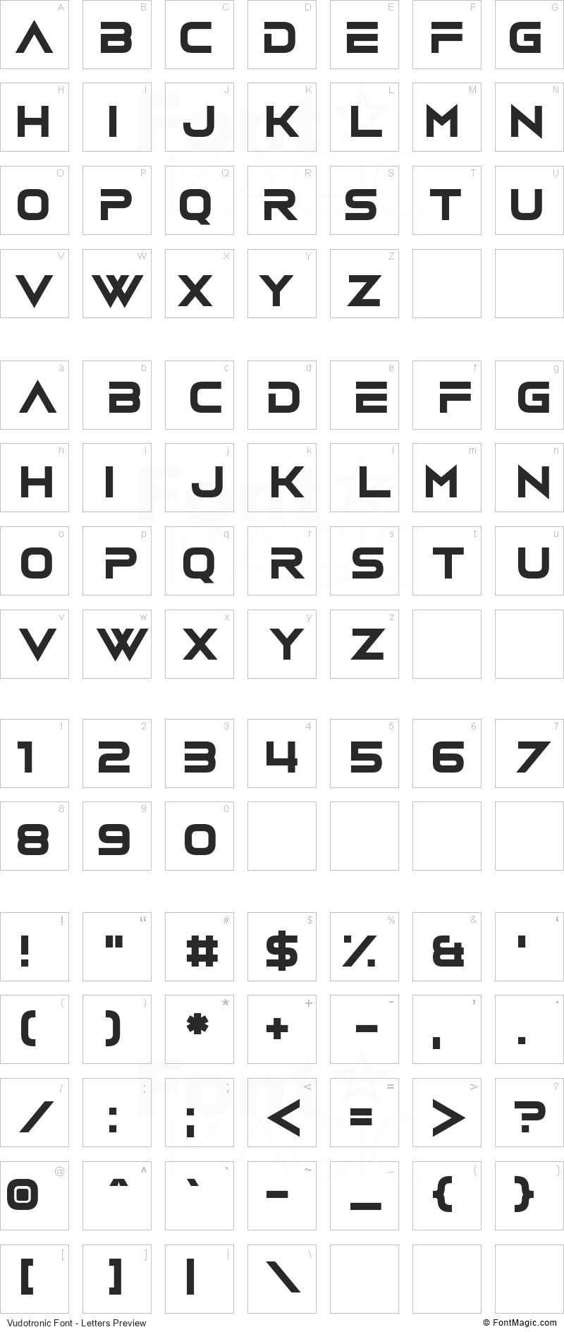 Vudotronic Font - All Latters Preview Chart