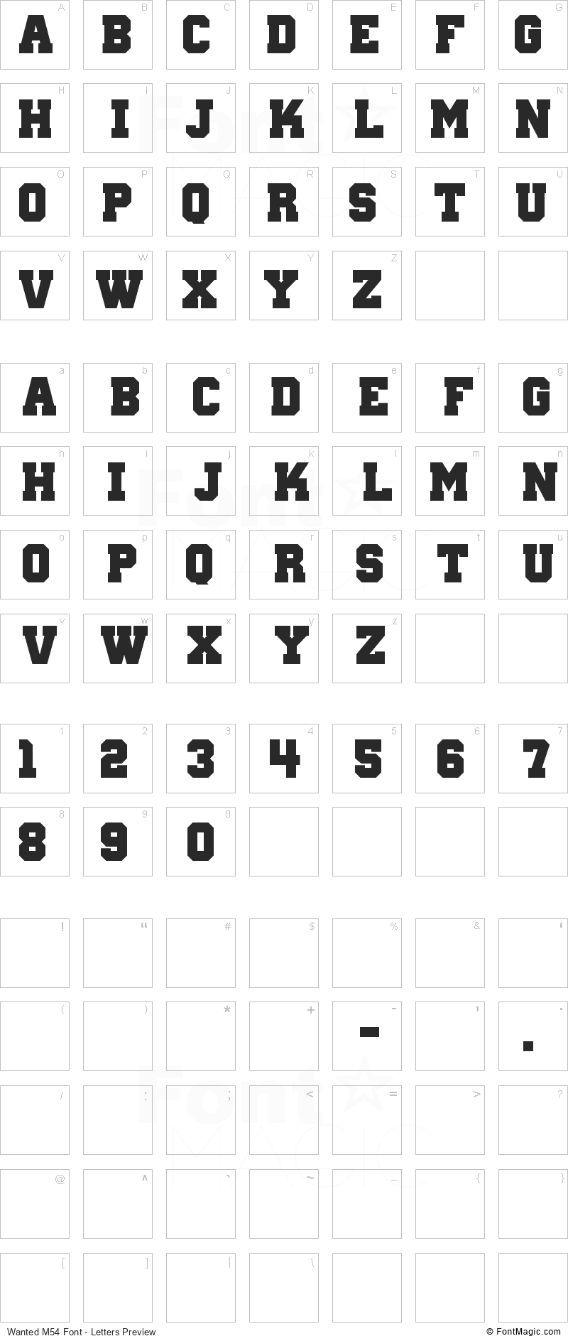 Wanted M54 Font - All Latters Preview Chart