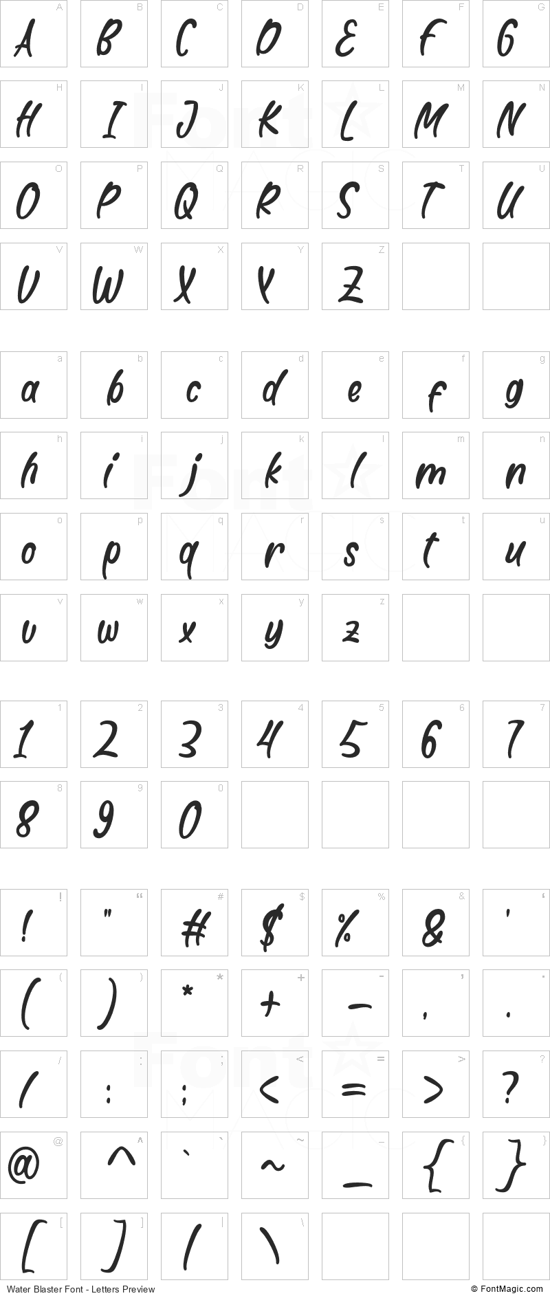 Water Blaster Font - All Latters Preview Chart
