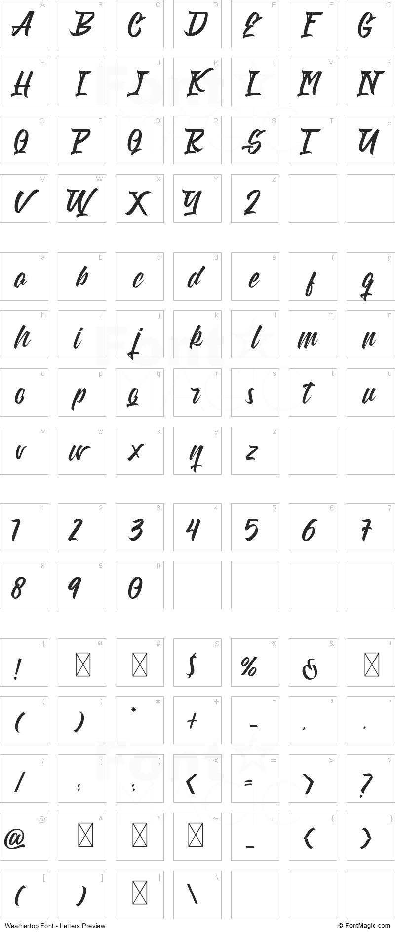 Weathertop Font - All Latters Preview Chart
