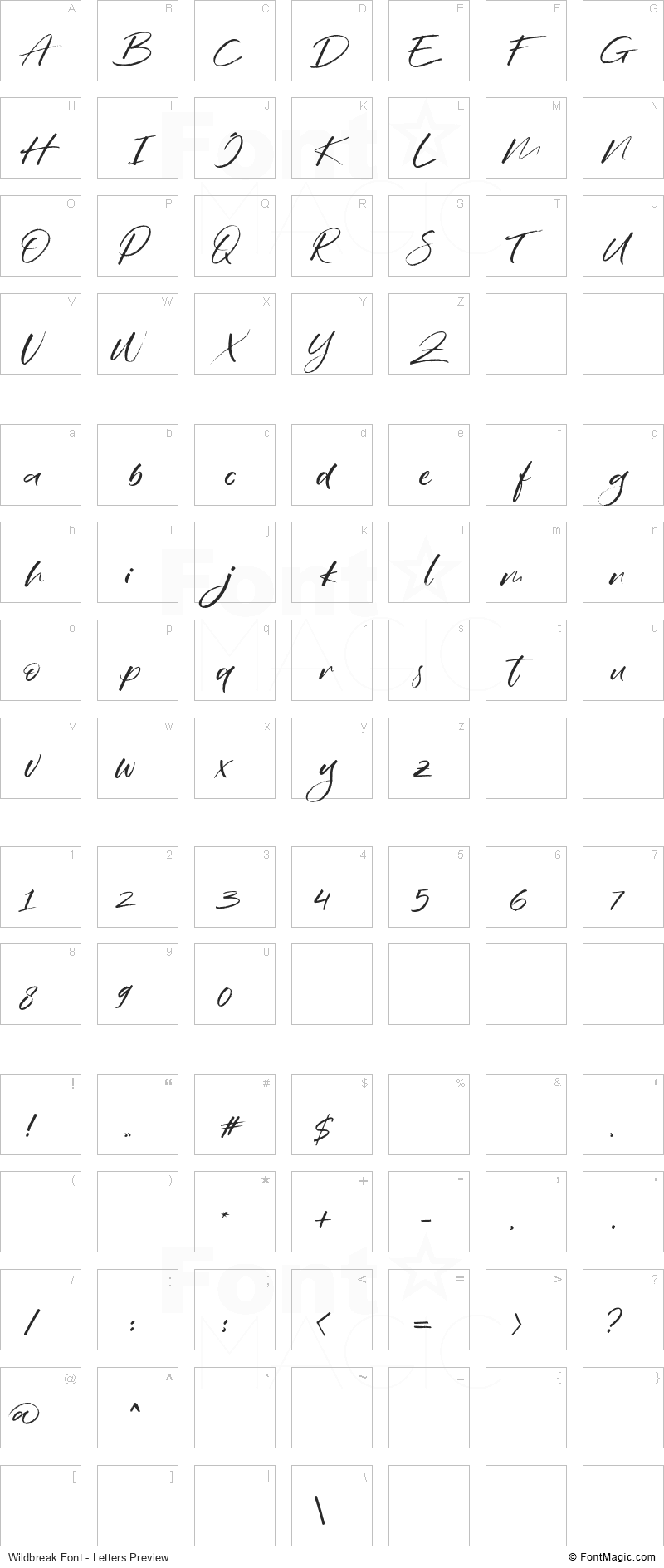 Wildbreak Font - All Latters Preview Chart