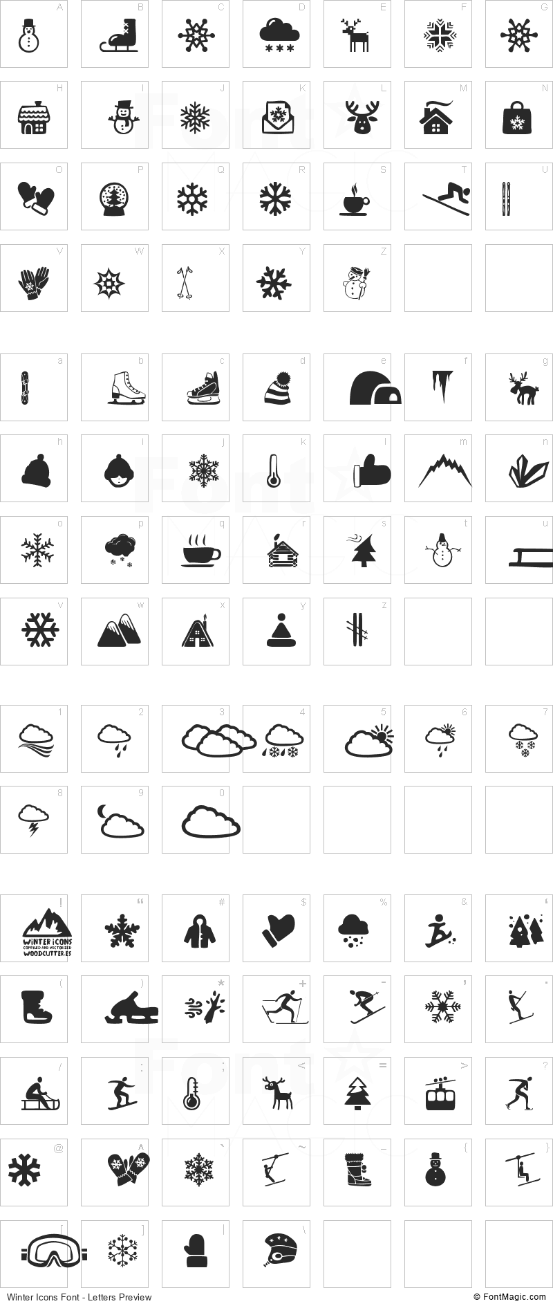 Winter Icons Font - All Latters Preview Chart
