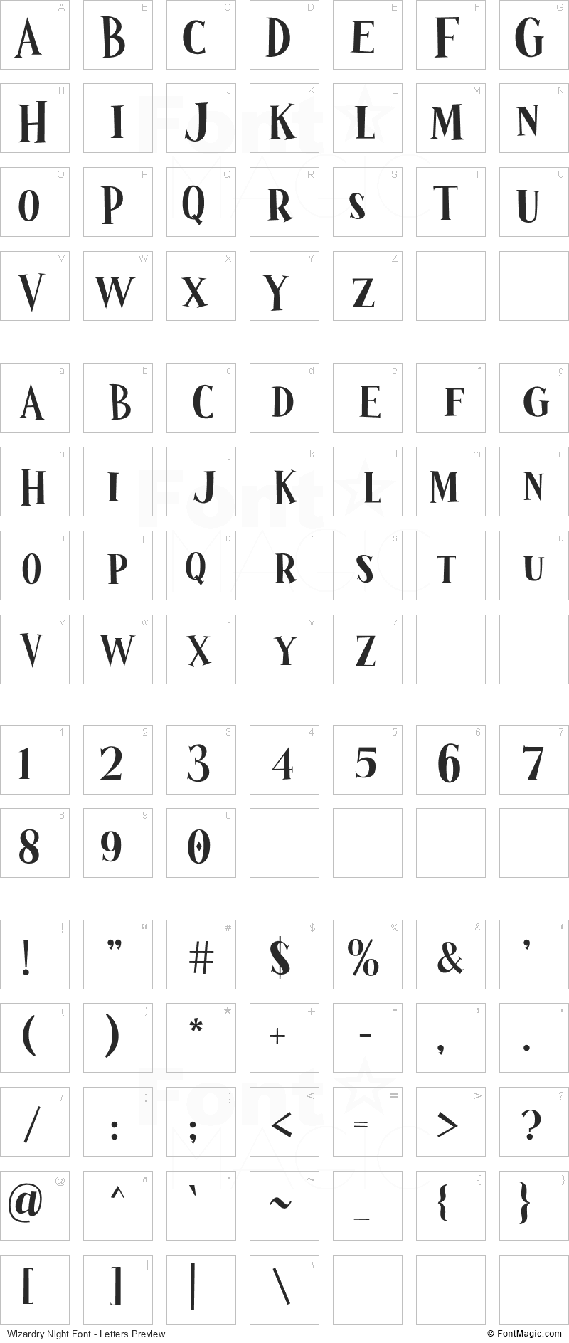 Wizardry Night Font - All Latters Preview Chart