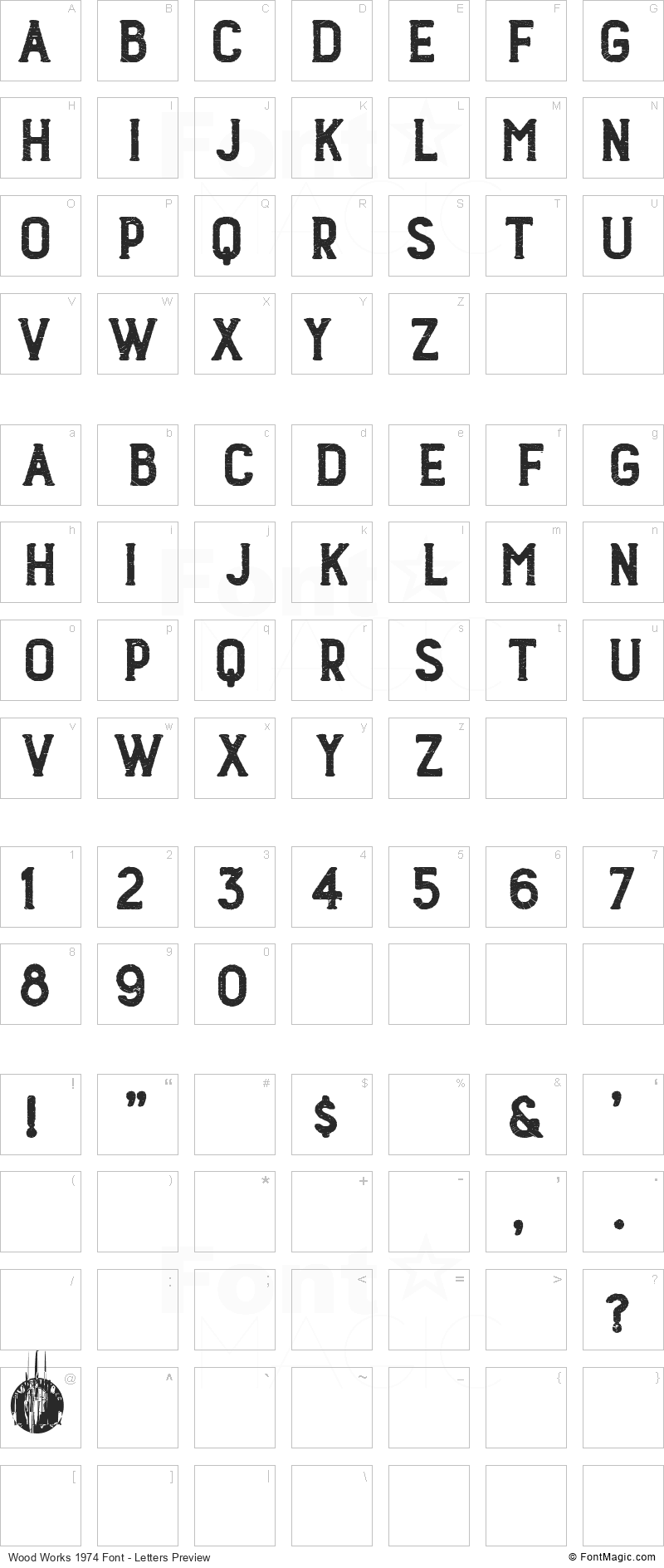 Wood Works 1974 Font - All Latters Preview Chart