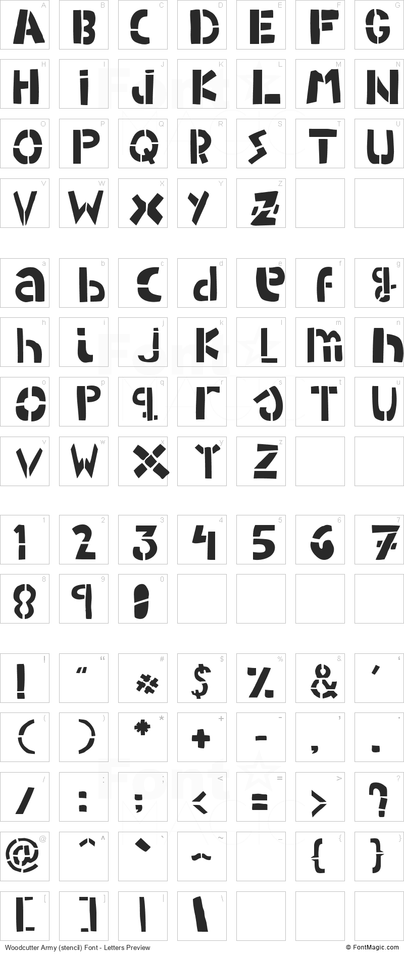 Woodcutter Army (stencil) Font - All Latters Preview Chart