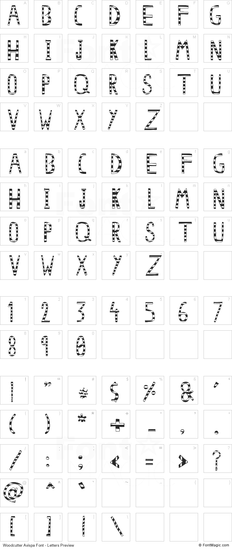 Woodcutter Avispa Font - All Latters Preview Chart