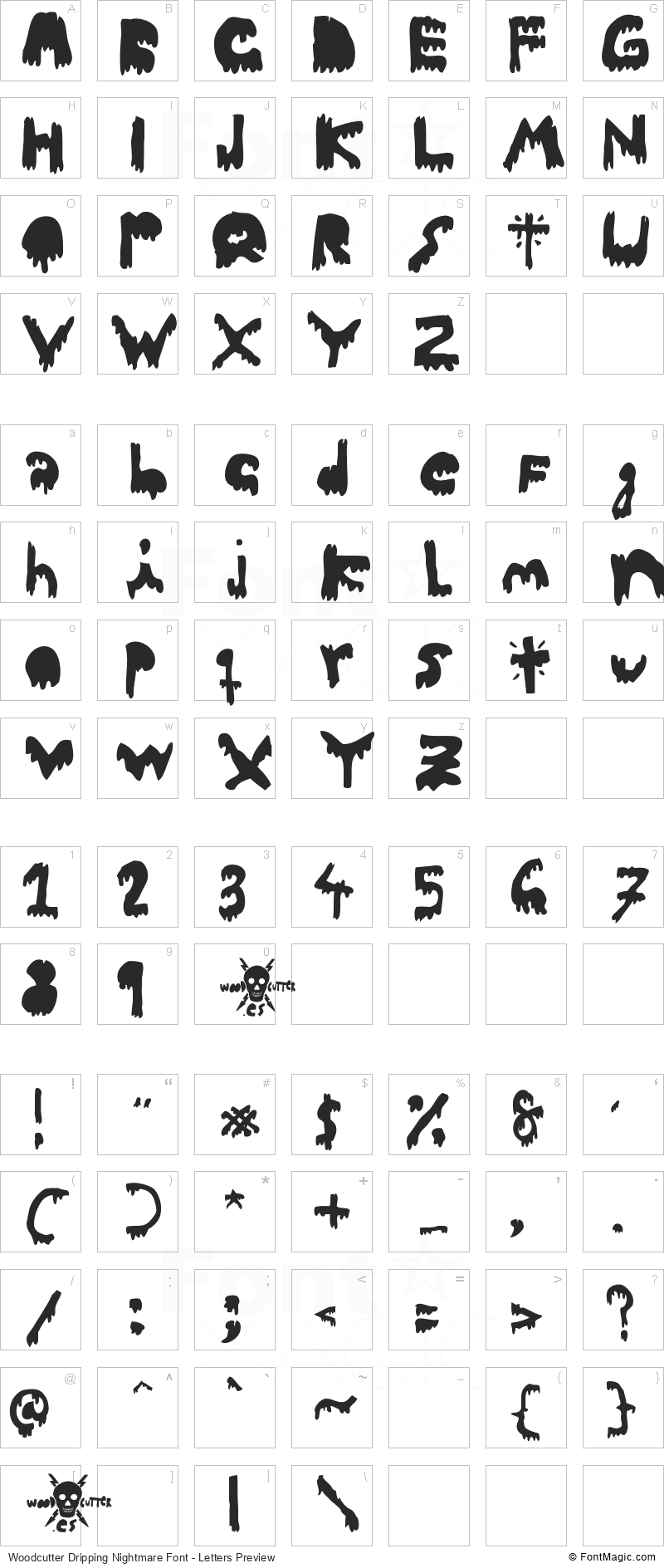 Woodcutter Dripping Nightmare Font - All Latters Preview Chart