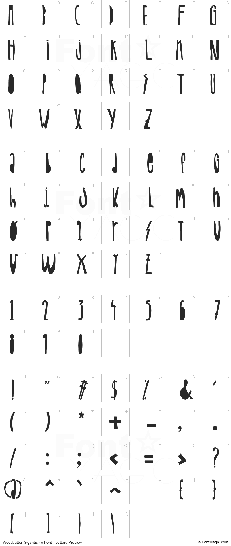 Woodcutter Gigantismo Font - All Latters Preview Chart