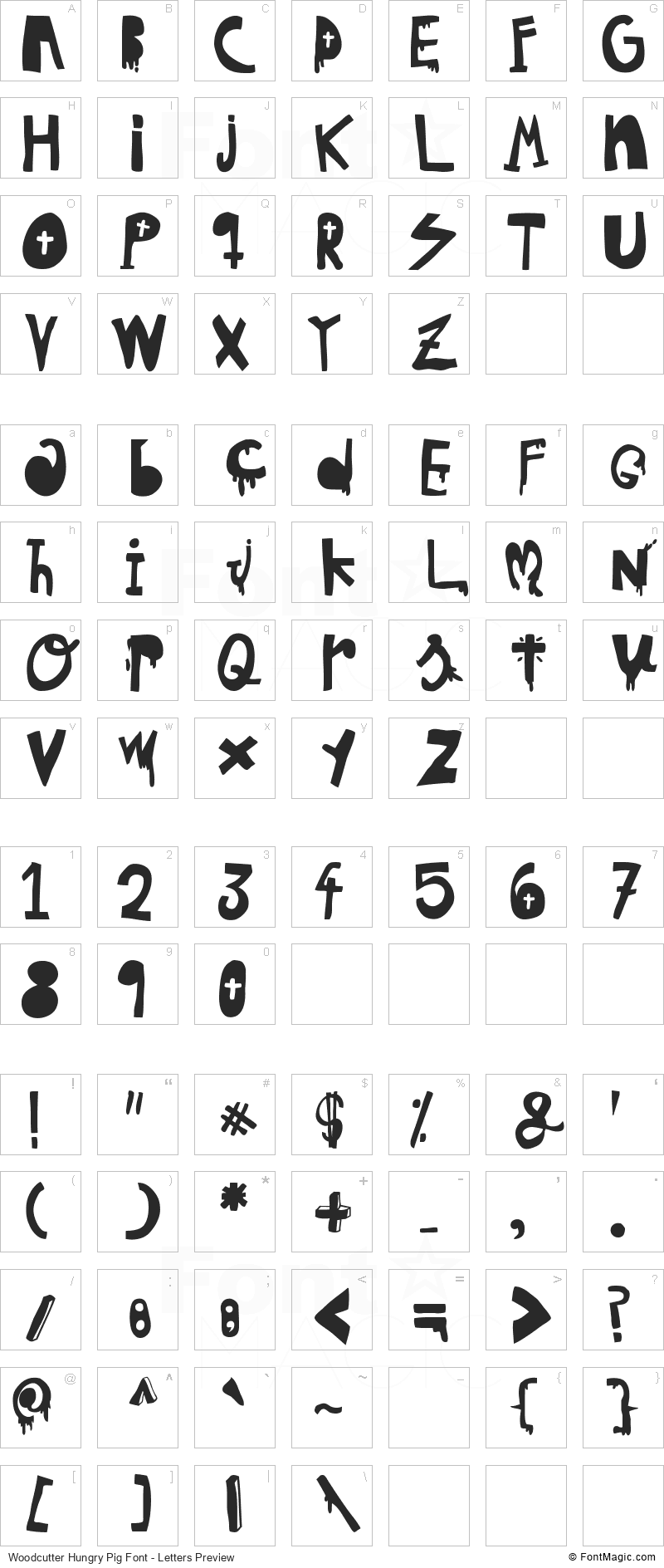 Woodcutter Hungry Pig Font - All Latters Preview Chart