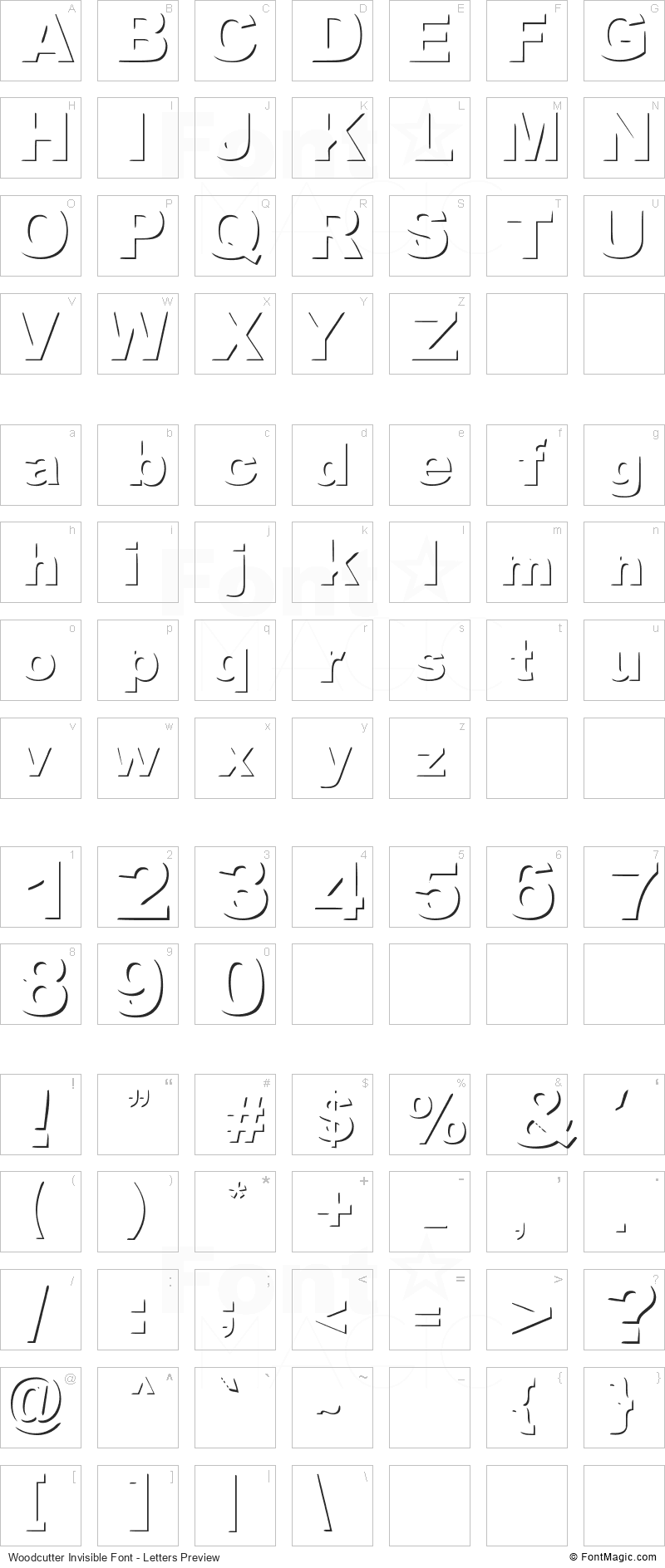 Woodcutter Invisible Font - All Latters Preview Chart