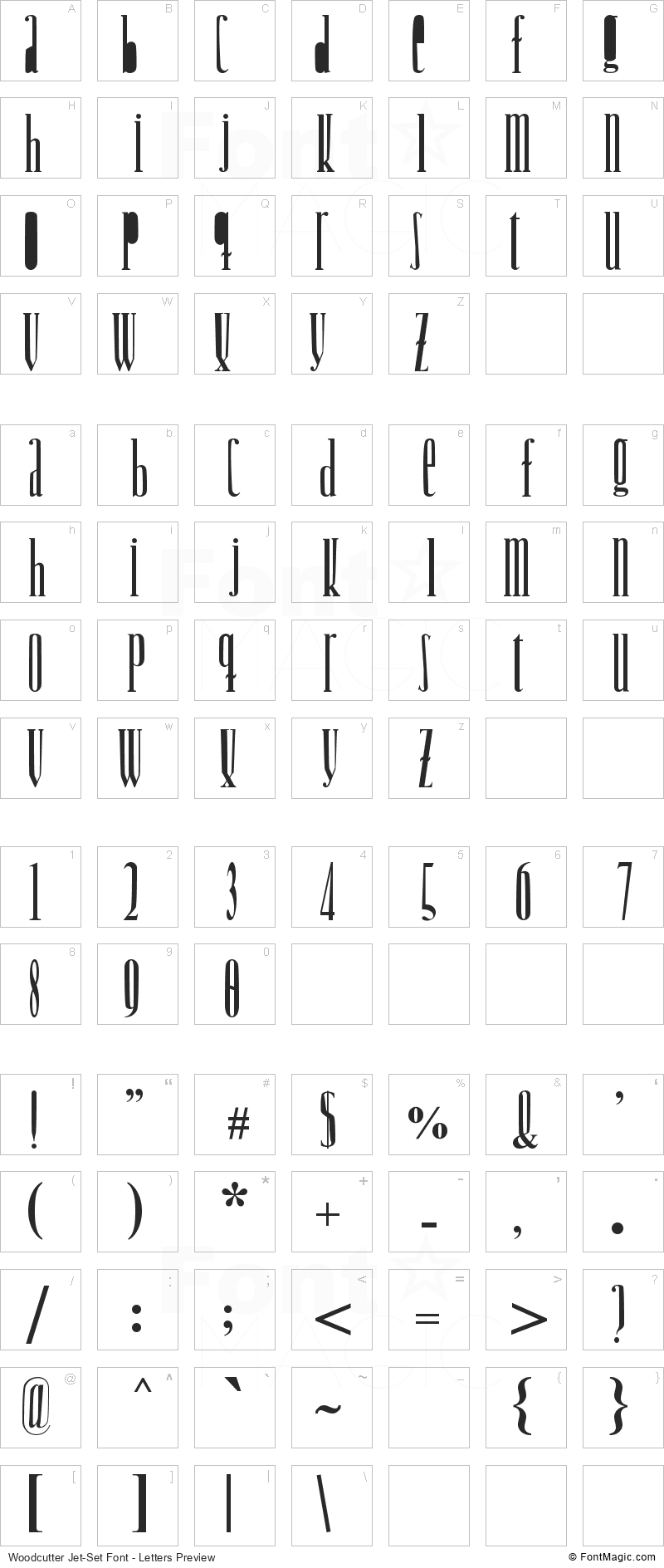 Woodcutter Jet-Set Font - All Latters Preview Chart