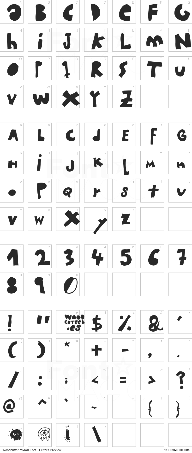 Woodcutter MMXII Font - All Latters Preview Chart