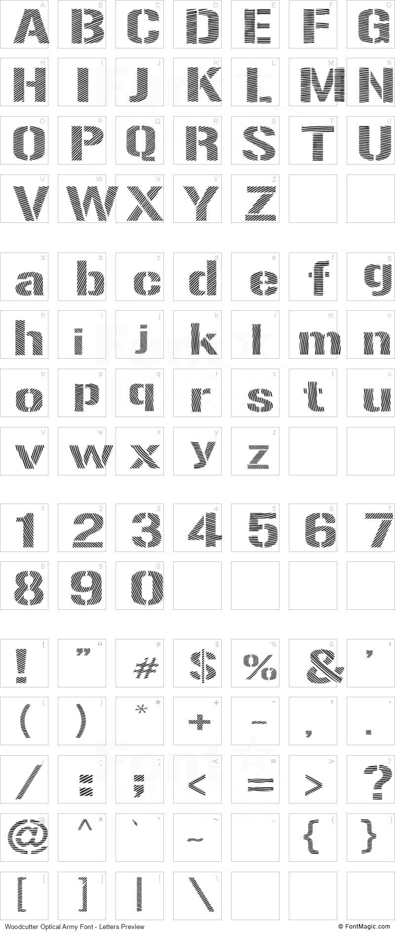 Woodcutter Optical Army Font - All Latters Preview Chart