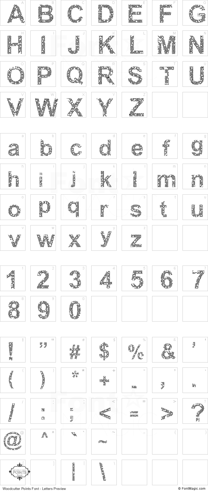 Woodcutter Points Font - All Latters Preview Chart