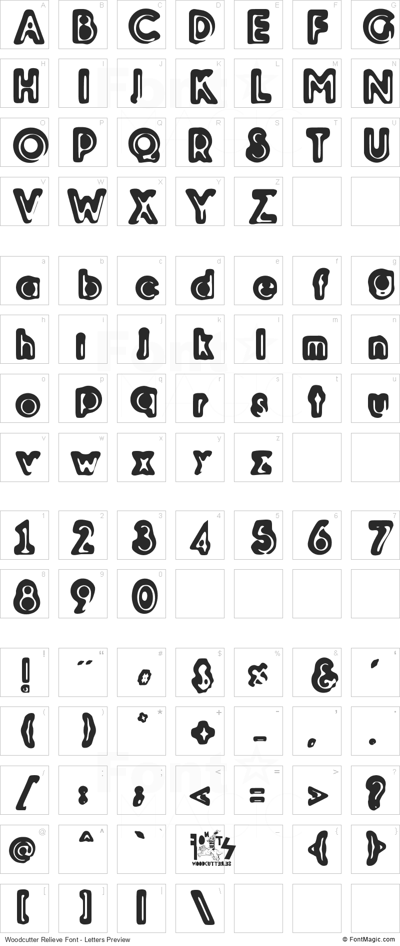 Woodcutter Relieve Font - All Latters Preview Chart