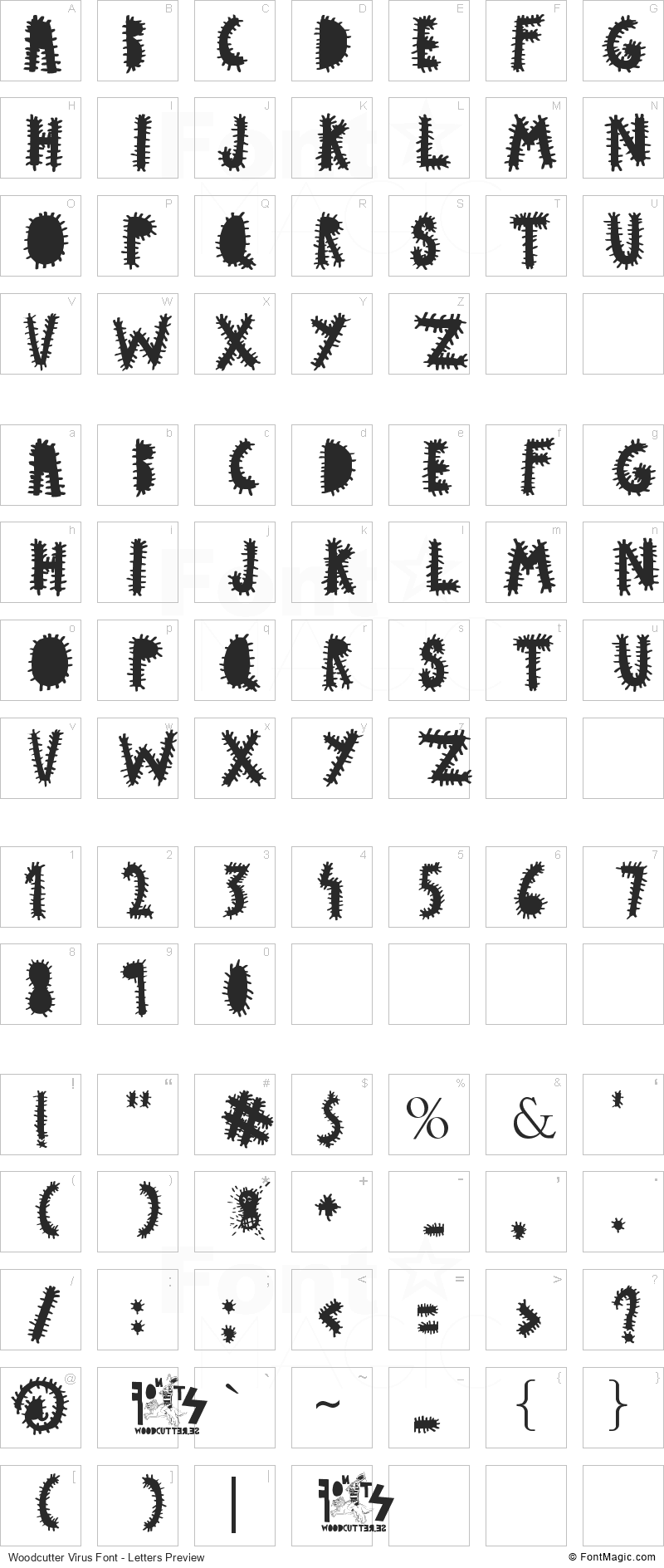 Woodcutter Virus Font - All Latters Preview Chart