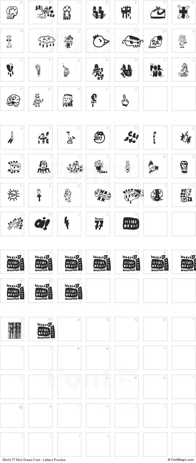 World 77 Mini Draws Font - All Latters Preview Chart