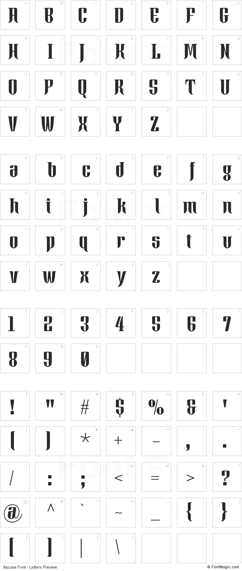 Xacose Font - All Latters Preview Chart