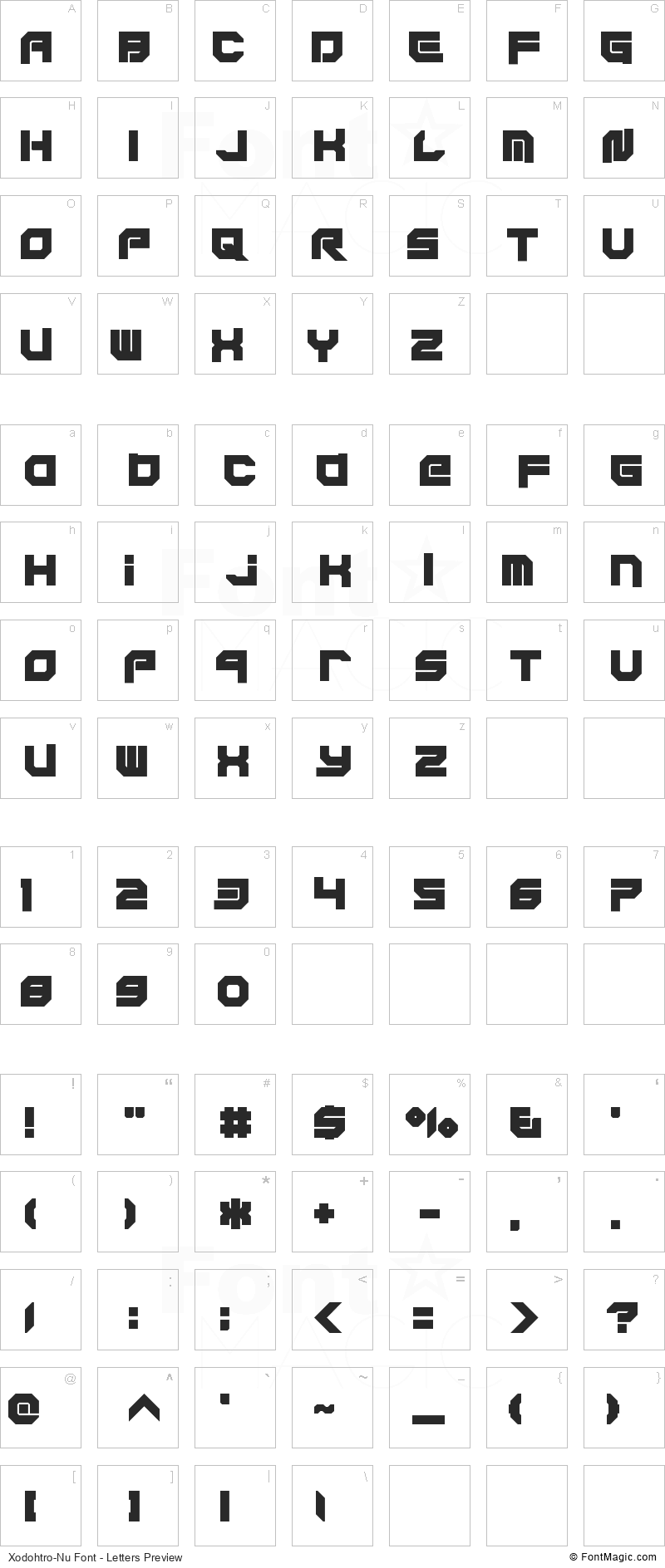 Xodohtro-Nu Font - All Latters Preview Chart