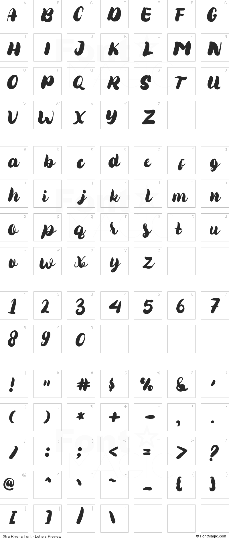 Xtra Riveria Font - All Latters Preview Chart