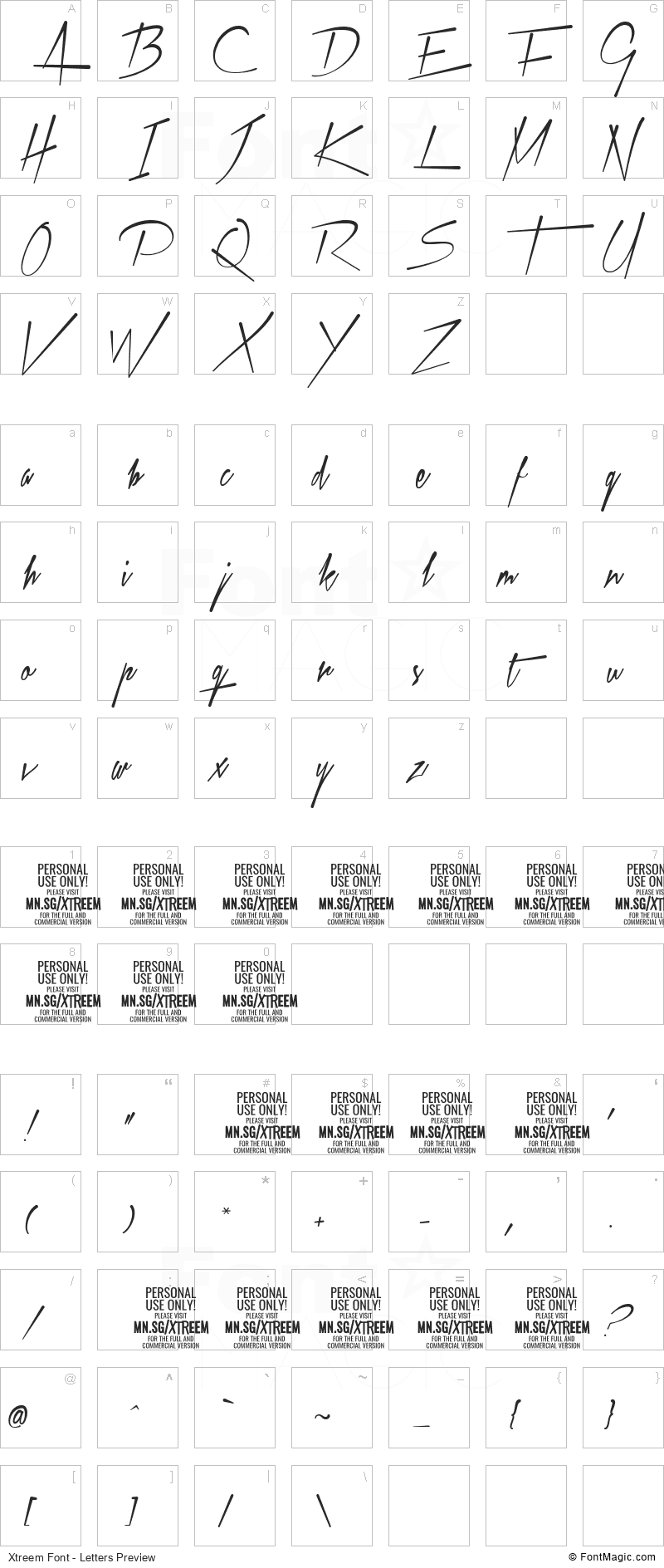 Xtreem Font - All Latters Preview Chart
