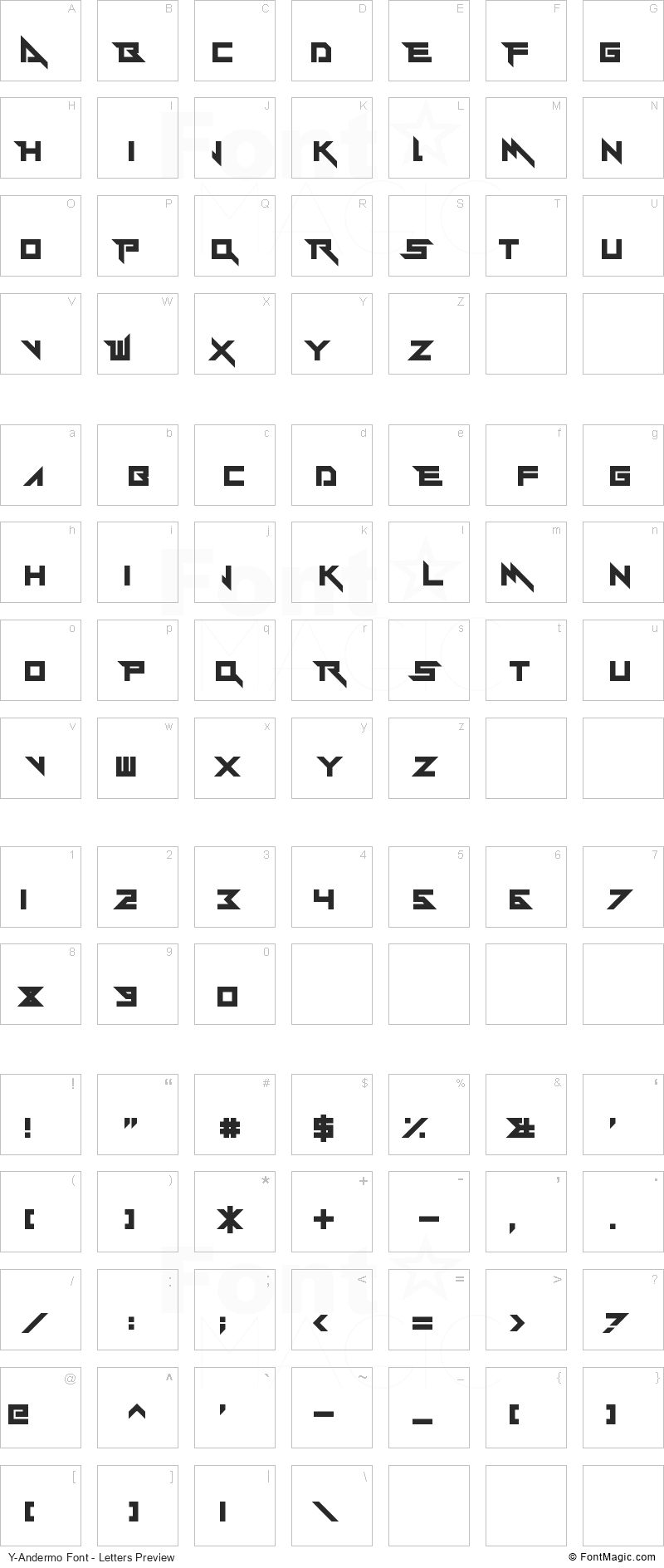 Y-Andermo Font - All Latters Preview Chart