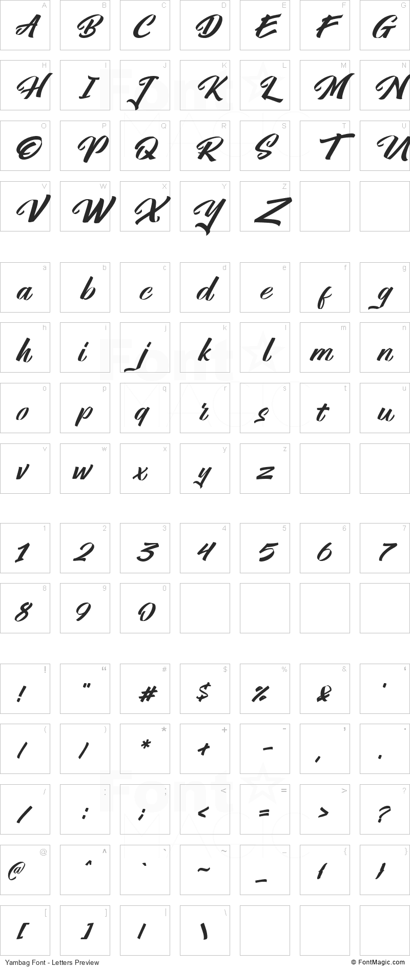 Yambag Font - All Latters Preview Chart