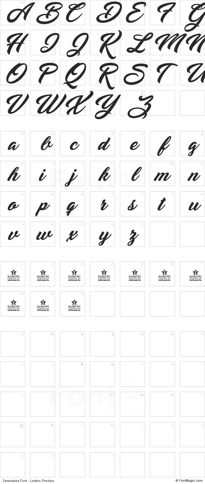 Yananeska Font - All Latters Preview Chart